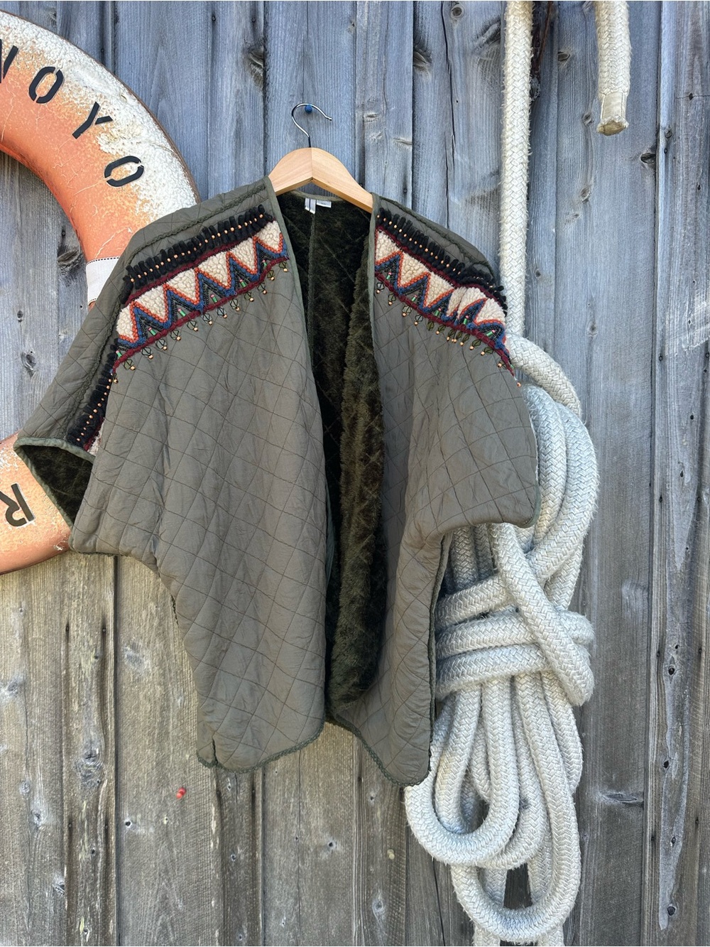 Anthropologie Olive Quilted Open-Front Poncho with Embroidered Trim